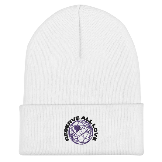 Reserve All Love White and Purple Cuffed Beanie